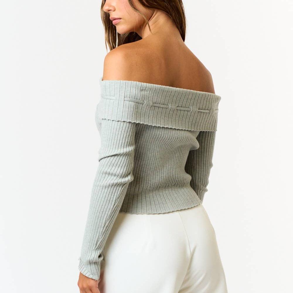 RIB OFF SHOULDER LONG SLEEVE SWEATER TOP