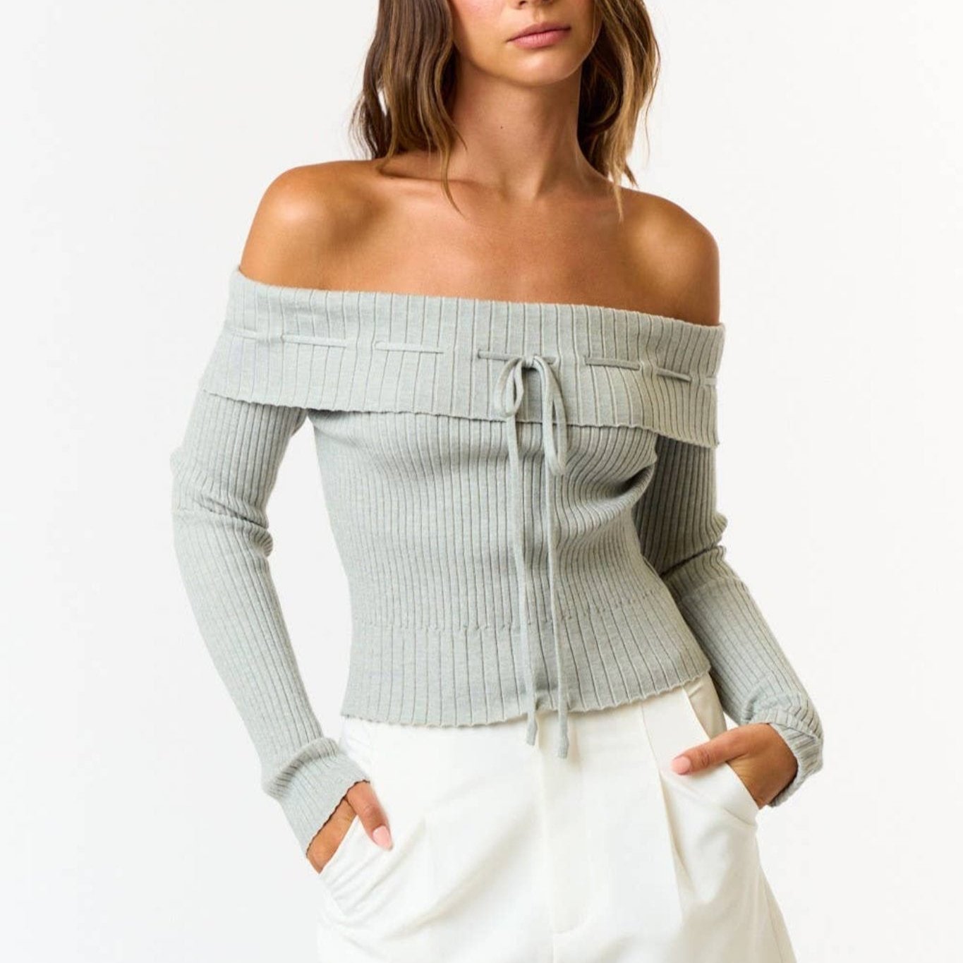 RIB OFF SHOULDER LONG SLEEVE SWEATER TOP