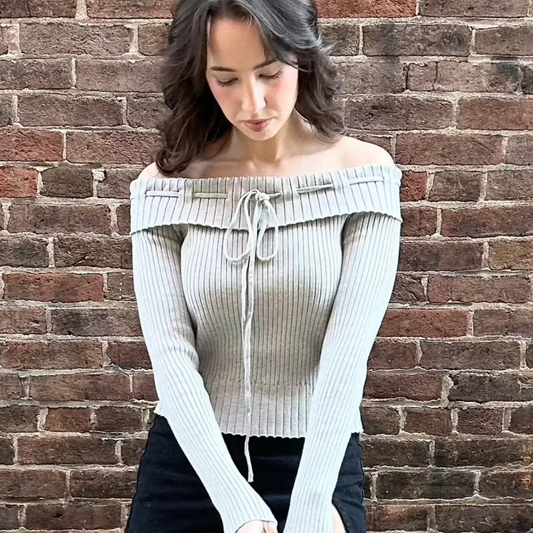 RIB OFF SHOULDER LONG SLEEVE SWEATER TOP
