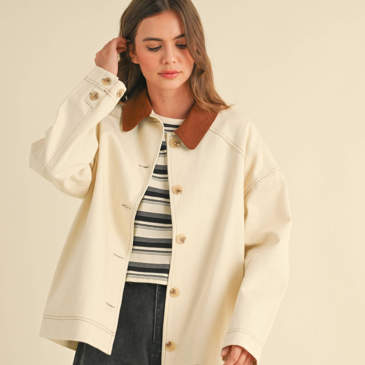 tan barn jacket with cordoroy collar